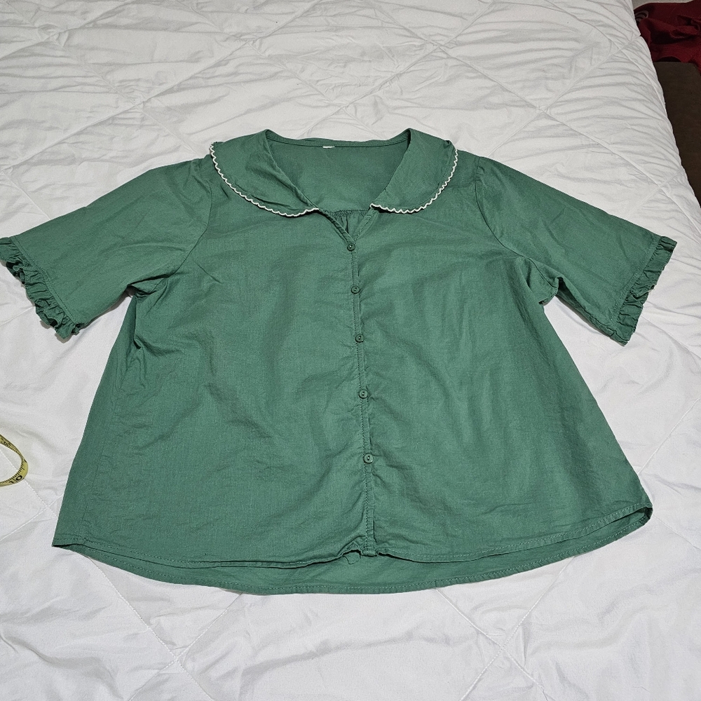 Vintage Green Blouse Short Sleeve Lightweight Romantic Peter Pan Collar - Picture 12 of 13
